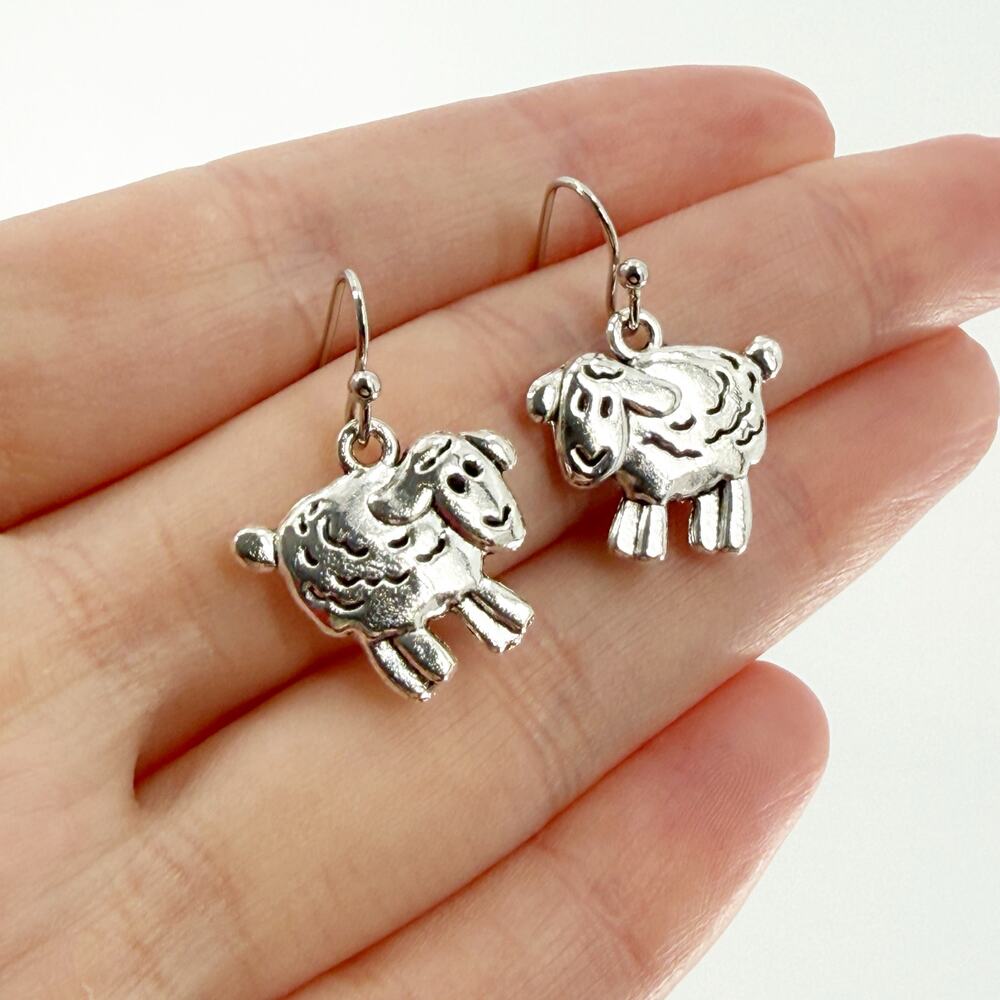 Silver Tone Sheep Dangle Earrings, Cute Farm Animal Lamb Charm Jewelry